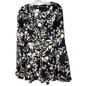 Simply Emma Black Floral V-Neck Hidden Button Front Roll Tab Shirt  3X Career